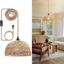 Rattan Hanging Lamp,Boho Pendant Lights,Plug in Cord Hanging Rattan Light,Plug Into Wall Outlet Pendant Light Fixture On/Off Switch for Living,Dinner Room,Bedroom,Kitchen,for E26,without Bulb (11.81'' x 6.49'')
