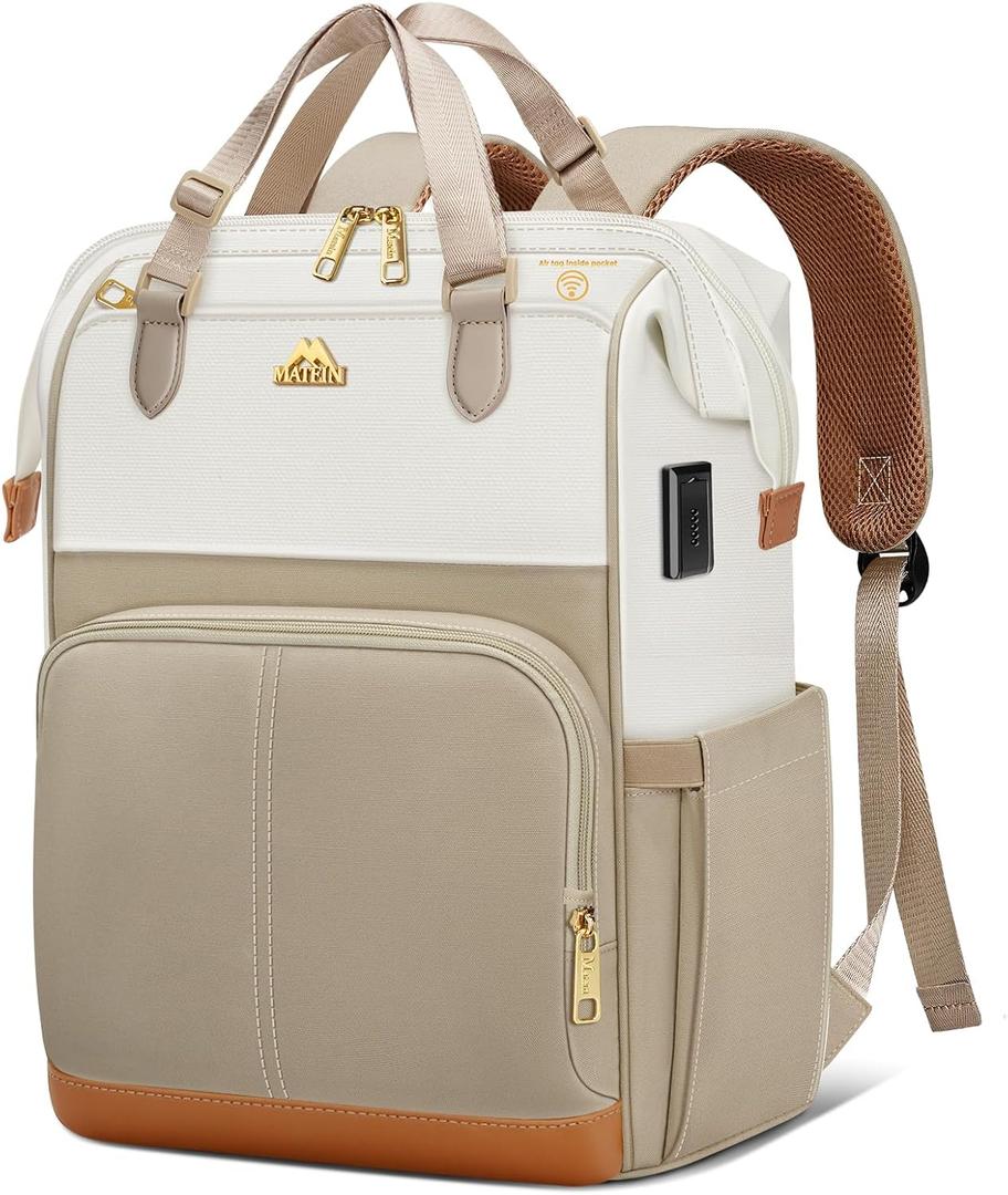 MATEIN Anti Theft Backpack for Women, 15.6 Inch Commute Work Backpack with Theftproof Zippers & RFID Pocket, Water Resistant Fashion Teacher Bag with USB Charging Port for Travel, Beige Khaki