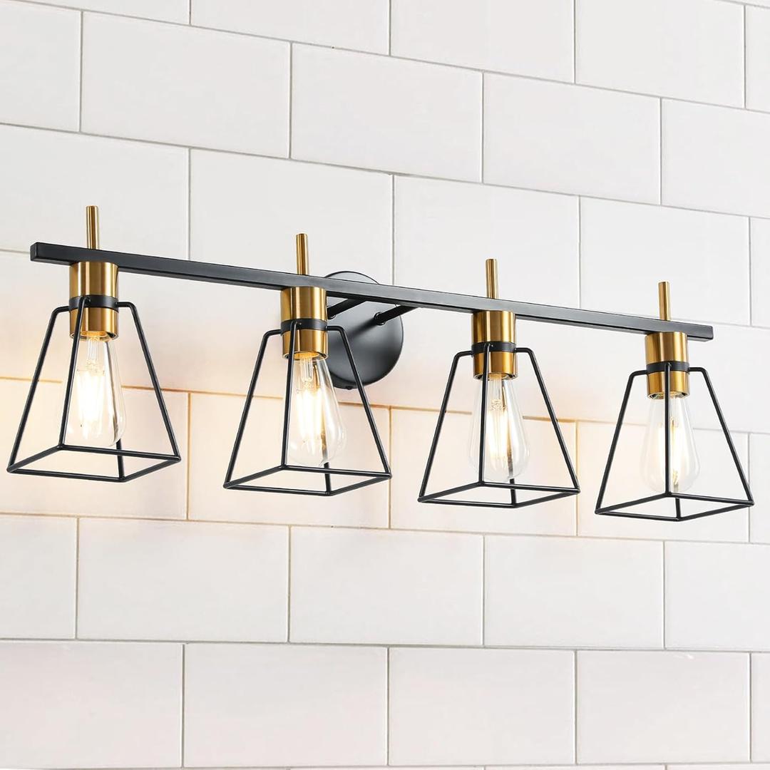 Industrial Bathroom Vanity Lights: 4 Light Black and Gold Vintage Metal Cage Wall Sconce - Rustic Farmhouse Wall Light Fixture Over Mirror Cabinet for Bedroom Living Room