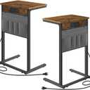 HOOBRO C Shaped End Table Set of 2 with Charging Station, 28" H Couch Side Tables for Small Spaces, Slide Under Sofa Tray Recliner Tables with Storage Bag for Living Room, Rustic Brown BF70USFP201