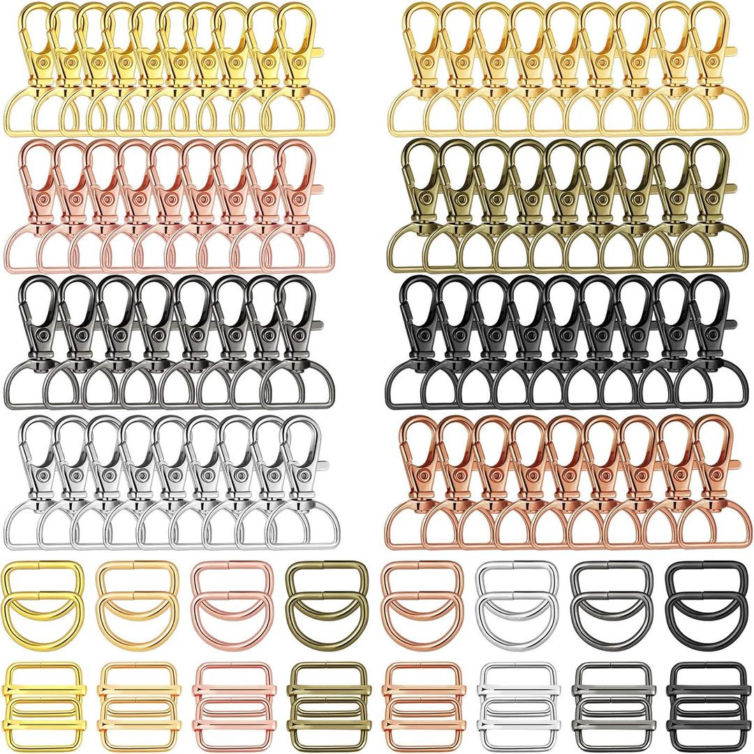 96 Pieces Swivel Clasps with D Rings and Slide Buckles Set Lanyard Snap Hooks Keychain Clip Hooks D Keychain Rings Lobster Claw Clasps for Purse Hardware Sewing Craft Project, 8 Colors