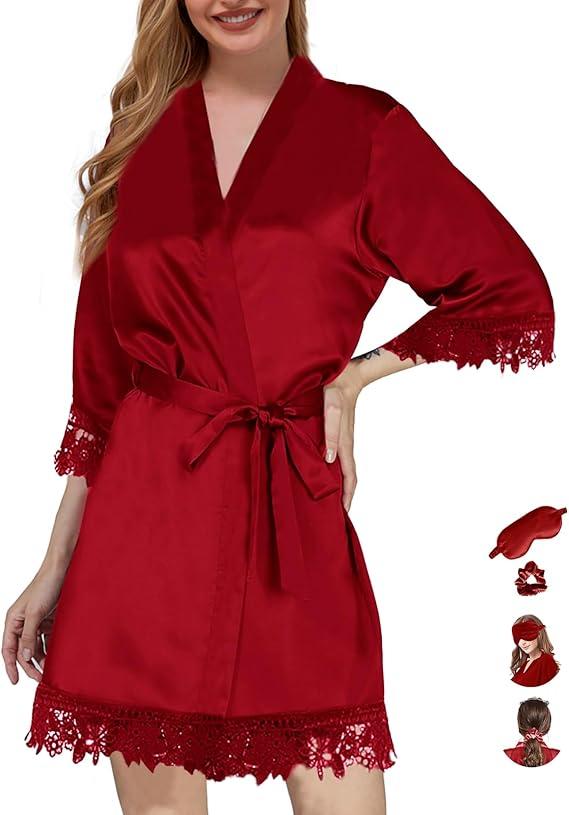 Silk Robes for Womens 2Pcs Satin Robe Kimonos Bridesmaid Bride Lace Bathrobes Sleepwear Bridal Silky Loungewear Wedding Robe, Medium