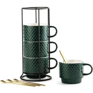 LYEOBOH Coffee Mug Set Porcelain Stackable Coffee Mugs with Stand and Spoons, 13 OZ. Cappuccino Cup Demitasse Cups for Drinks, Espresso, Latte,Set of 4, Dark Green