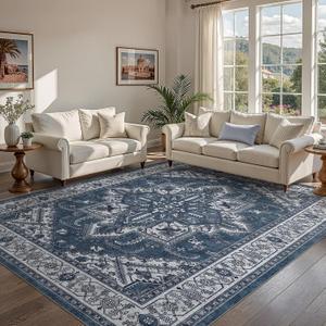 WITSHOCK Living Room Area Rugs 10x12: Washable Rug Boho Soft Non-Slip Low Pile Stain Resistant Foldable Carpet for Bedroom Playroom Dining Room Office Kitchen Farmhouse Home Decor Rug-Blue