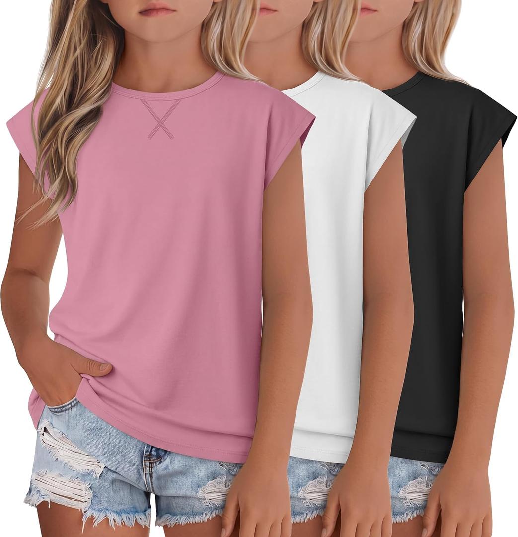 3 Pack Girl's Short Sleeve Shirts Kids Cap Sleeve Crewneck Tops Casual Summer Loose Fit Tees for Teens