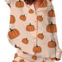 MBZJSDKHLK Women's Halloween Pajamas Set Silk Satin Ghost Pumpkin Print Long Sleeve Button Down Shirt 2 Piece Pjs Shorts Sets, M