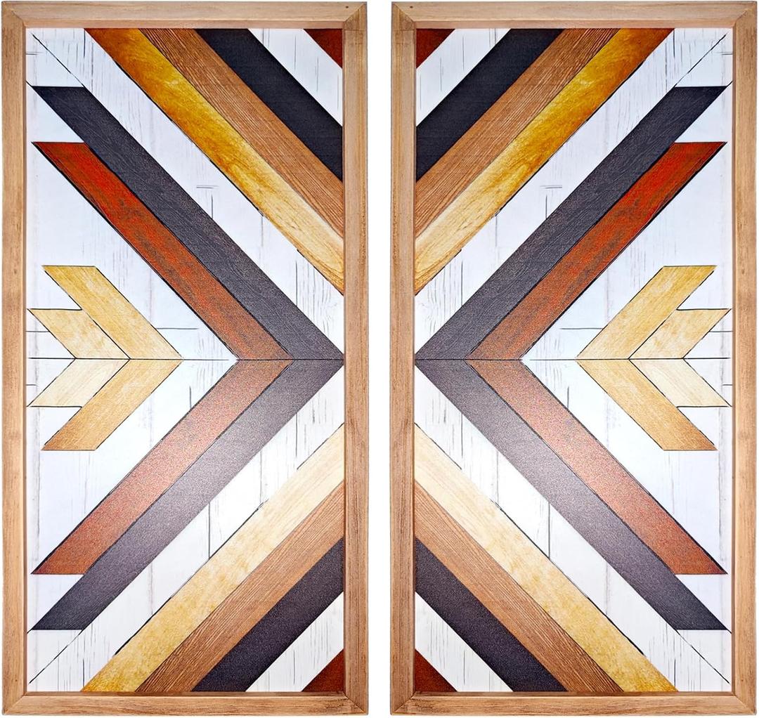 Aztec Wall Decor Set – Wooden Western Wall Art, Framed Boho Rustic Native American Hangings, Vintage Navajo Tribal Decorations for Country Living Room or Bedroom