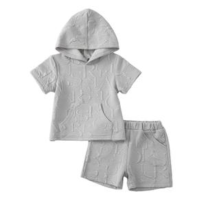 KIMI BEAR 5T Boys Summer Clothes Little Kids Boy Outfits Short Sleeve Letter Print Hooded T Shirt Tops Casual Shorts Set 6 Year Old Boy Clothes Sweatsuits (Gray)