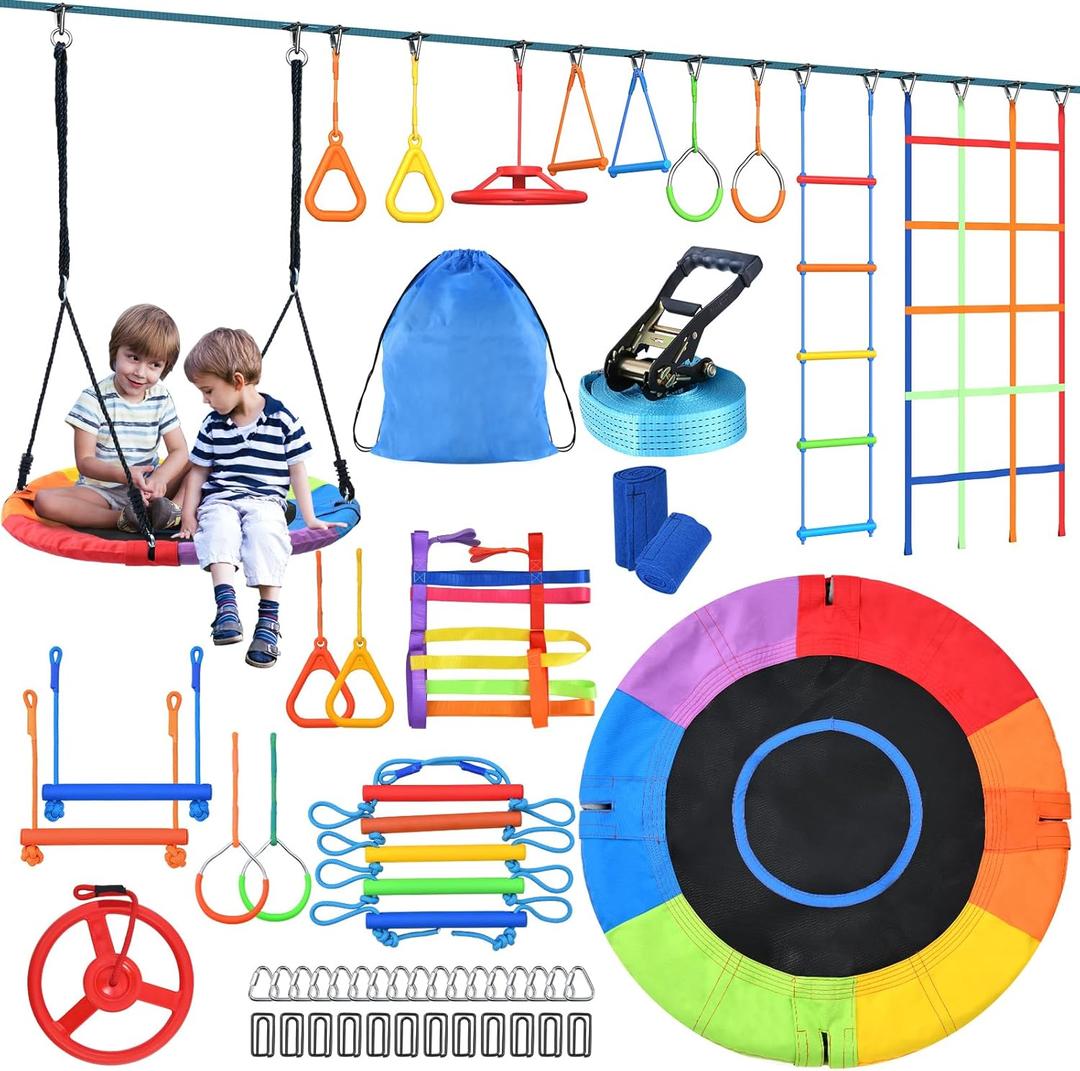 Hapfan 50 FT Ninja Warrior Obstacle Course Swing Set for Kids with Weather-Proof Accessories, Outdoor Playset with Monkey Bars for Backyard (Multicolor)