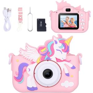 Envyvip Unicorn Toys Camera for Kids Girls Age 3-8, Toddler Kids Digital Camera Christmas Birthday Gifts for 3 4 5 6 7 8 Years Old Girl, Cute Selfie Video Camera, HD 1080P, 32GB SD Card Included, Pink