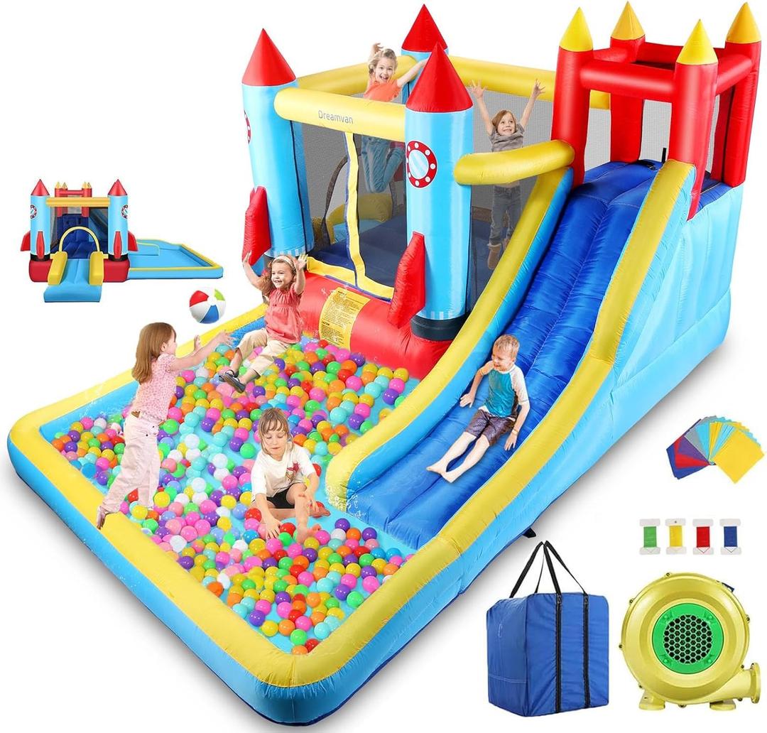 AKEYDIY Bounce House, Inflatable Bounce Castle with Blower for Kids 3-10,Outdoor/Indoor Bouncy House Water Park for Backyard with 2 Splash Slides, Climbing Wall, Ball Pit, Jumping Area