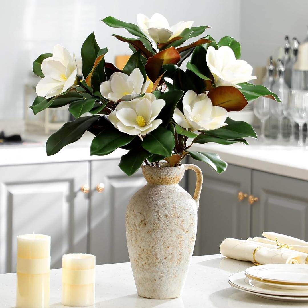 3 Pcs Artificial Magnolia Branches 25.6 Inches White Magnolia Leaves Stem Flowers Faux Greenery for Indoor Outdoor Home Bathroom Table Vase Farmhouse Wedding Decor