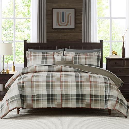 MaiRêve Queen Comforter Set, Plaid Design Comforter Set 7 Pieces, All Season Comfortable Bedding Sets Queen, Lightweight, Warm and Breathable (Khaki, 90"x90")