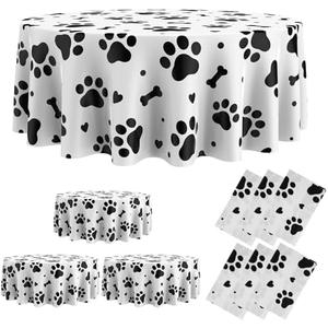 Oudain 3 Pcs Puppy Paw Print Plastic Tablecloth 84 Inch Round Tablecloth Disposable Table Cover Large Cute Puppy Themed Table Cover for Pet Cat Birthday Party Decor (Black and White)