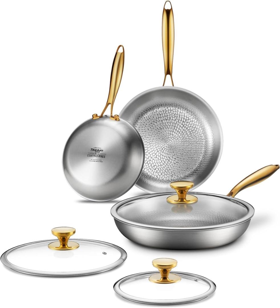 Titanium Pans for Cooking | 8/10/12 Inch Pure Titanium Set with Lids | Hammered Chef-Grade Tagine Design | PFAS/PFOA/PTFE-Free | Induction & Oven-Safe, Dishwasher Safe