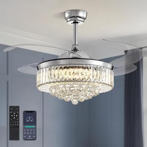 Modern 48 Inch Dimmable Crystal Fandelier, Retractable Blades Ceiling Fans with Light and Remote, Invisible LED Ceiling Fan Light Kit for Bedroom-Polished Chrome