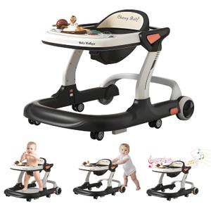Baby Walker,Music & Lights Baby Walker with Wheels,9 Adjustable Heights Baby Activity Center,Baby Walkers with Foot Pads for Boys Girls Babies,Anti-Fall Bouncer Combo