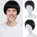 Black Mushroom Wig for Men Women Costume Short Black Bowl Cut Wig with Bangs for Daily Party Halloween Cosplay AnimeBlack