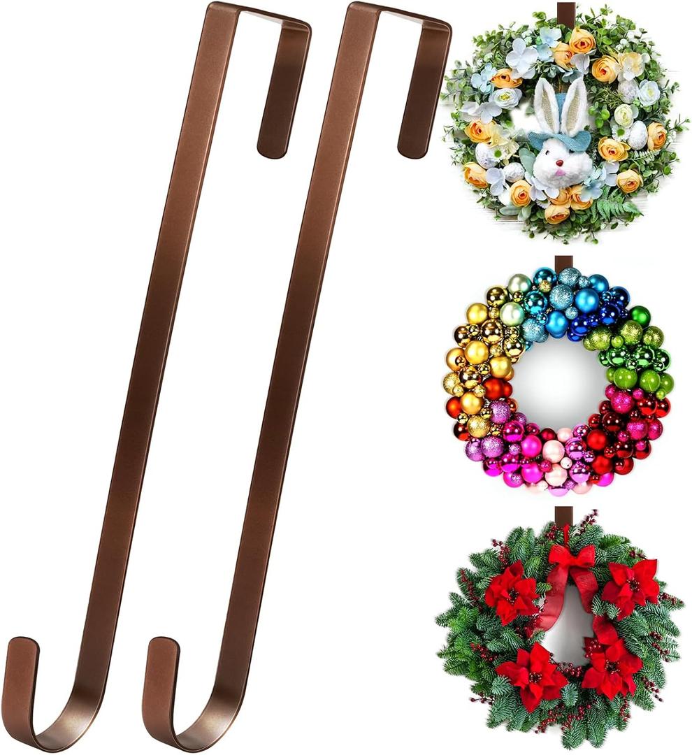 12 Wreath Hanger Over the Door Hooks, Non Scratch Wreath Door Hanger Hooks for Hanging Welcome Sign, Metal Wreath Hangers for Front Door Dcor, Thin Door Hanger for Easter Halloween Home Decoration (12-inch Bronze-2 Pack)