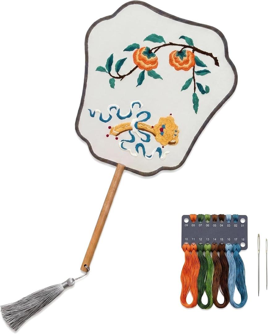 QIZUOLIFE Chinese Embroidery Fan Kit for Beginners, 12.99 x 8.66 inches