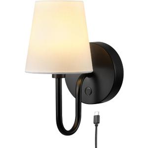 Globe Electric 65000132 Rechargeable Battery Wall Sconce, Integrated LED, Matte Black Finish, White Fabric Shade, 3-Step Touch Dimming, Timer, USB-C Charging, Wireless Modern Lighting