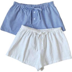 MakeMeChic Women's 2 Pack Linen Shorts Striped Gingham Summer Beach Pajama Boxer Shorts (Blue, L)