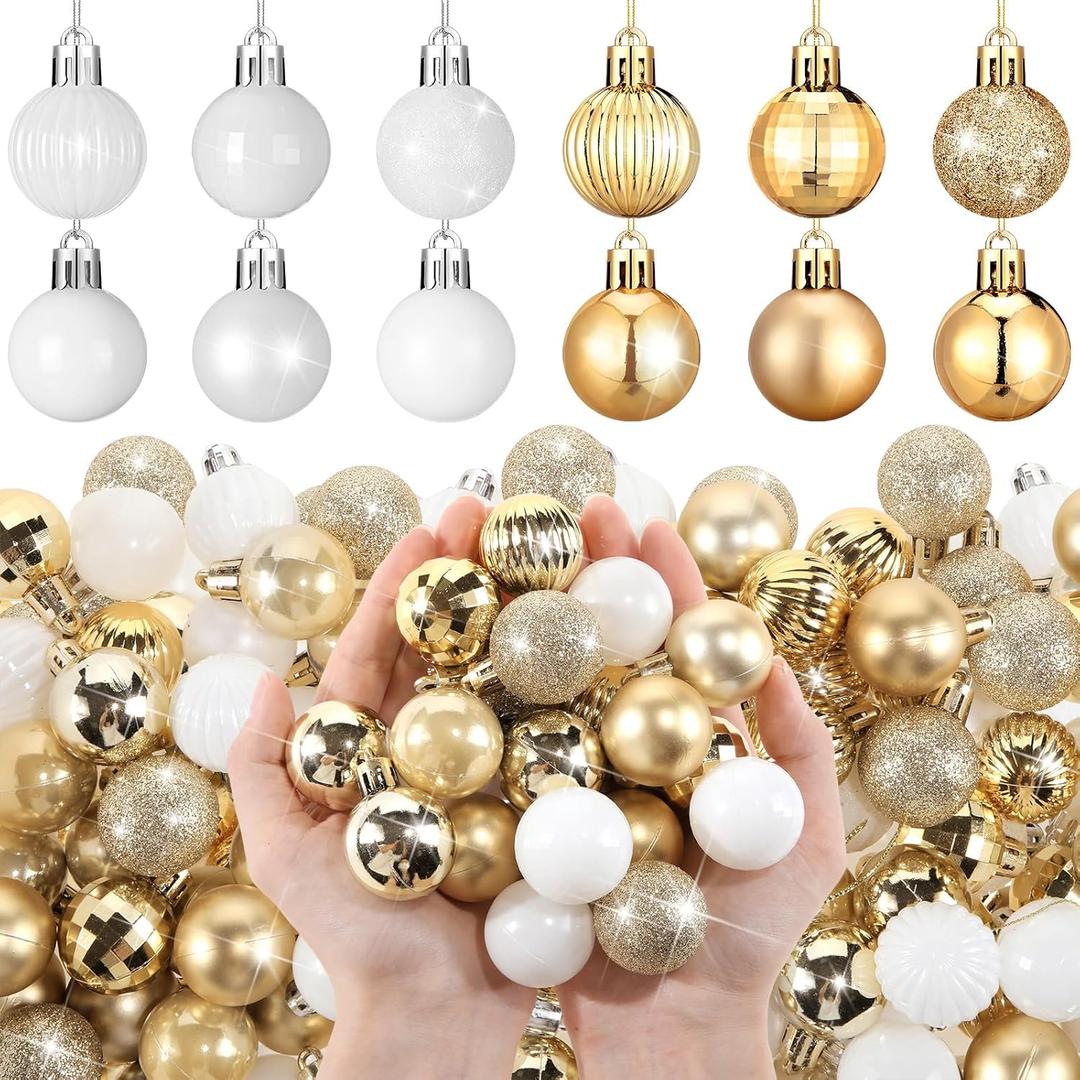 Shappy 216 Pcs Mini Christmas Ball Ornament 1.18 Inch Small Christmas Tree Decorations 6 Styles Shatterproof Xmas Ball with Hanging Loop for Holiday Party Wreath Xmas Tree(White, Gold)