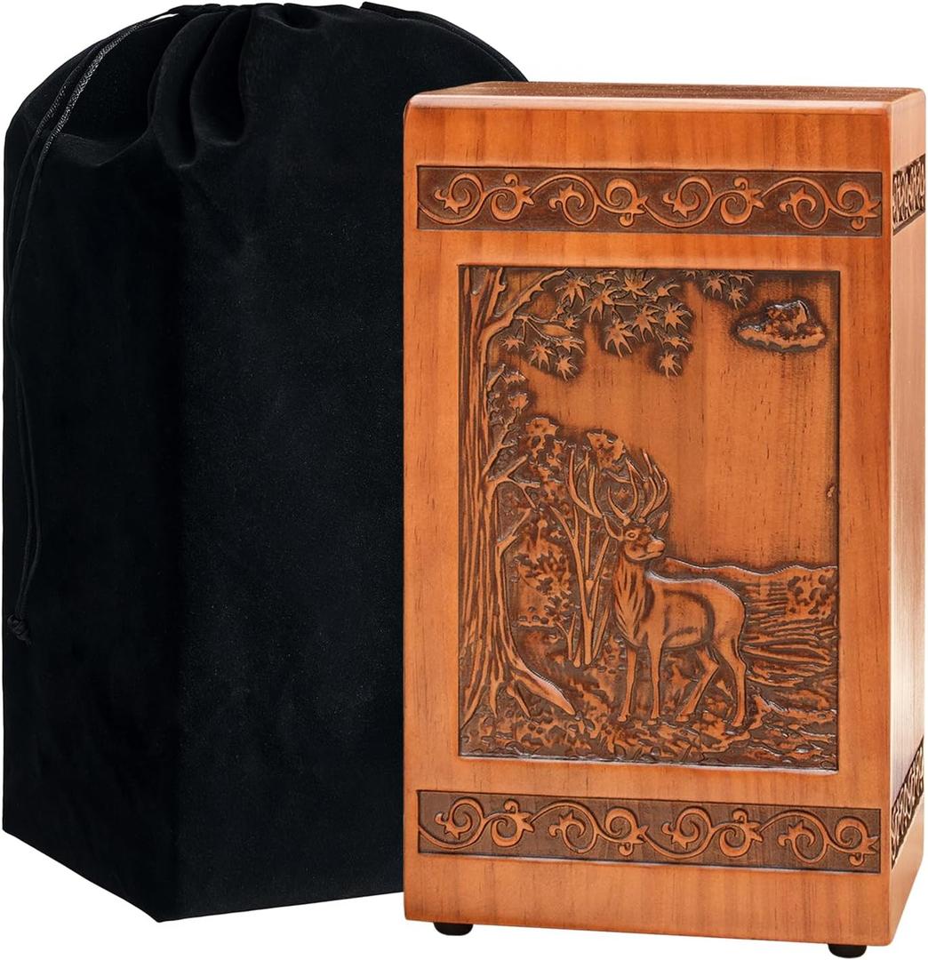 Deer Carving Wood Urns for Human Ashes Adult Man - 250 Cubic Inch Cremation Urn Box for Ashes Adult Male, Funeral Memorial Decorative Urn with Satin Bag