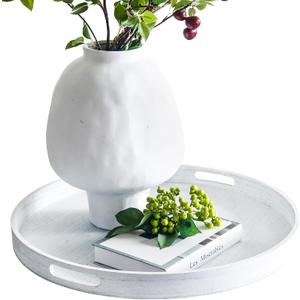 19.6" Extra Large Round Wooden Decorative Tray with Handles,White