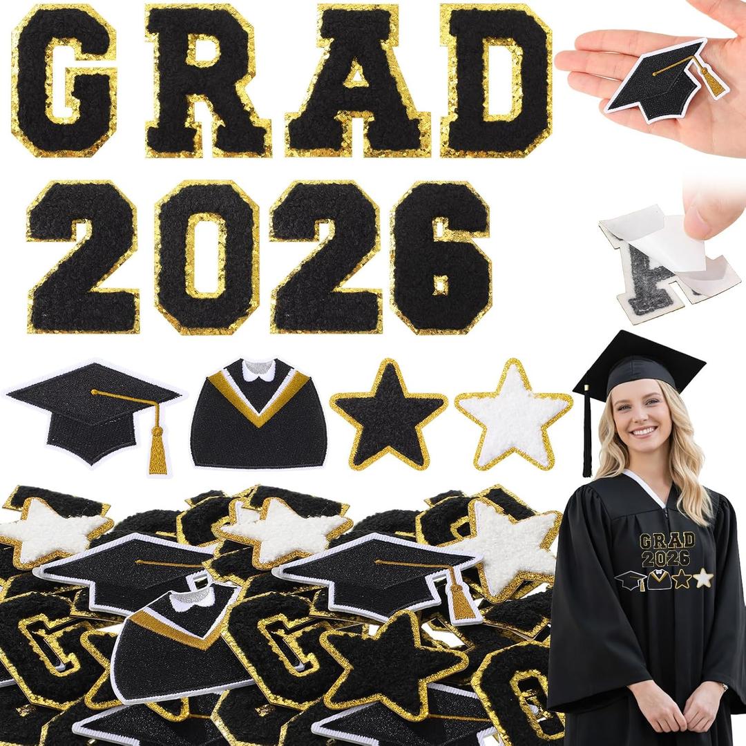 Yungyan 48 Pcs 2026 Graduation Iron on Letter Patches Chenille Class of 2026 Iron on Patches Self-Adhesive Congrats Grad Applique Decorative Gifts Crafts Accessories for Graduation Lei Cap