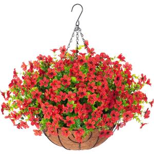 HyeFlora Artificial Fake Hanging Red Plants Flowers Basket for Outdoor, Faux Silk Daisy Mums Look Real UV Resistant for Outside Porch Home Patio Garden Yard Decoration