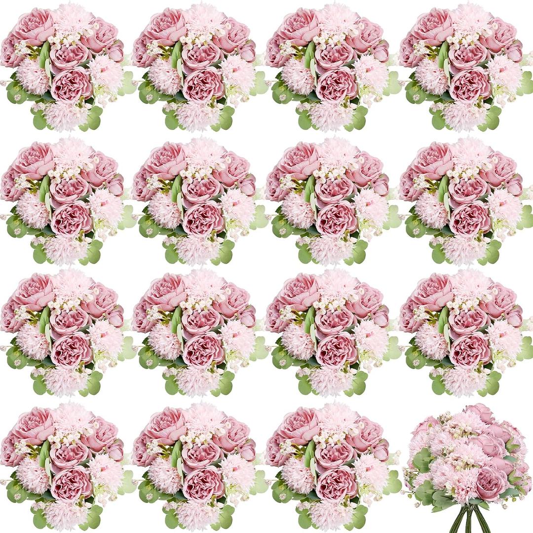 16 Bundles Artificial Flowers Peonies Bulk, Silk Fake Flower with Stems for DIY Bouquet Faux Peony Floral Arrangements for Vase Centerpiece Home Wedding Party Centerpiece(Pink)