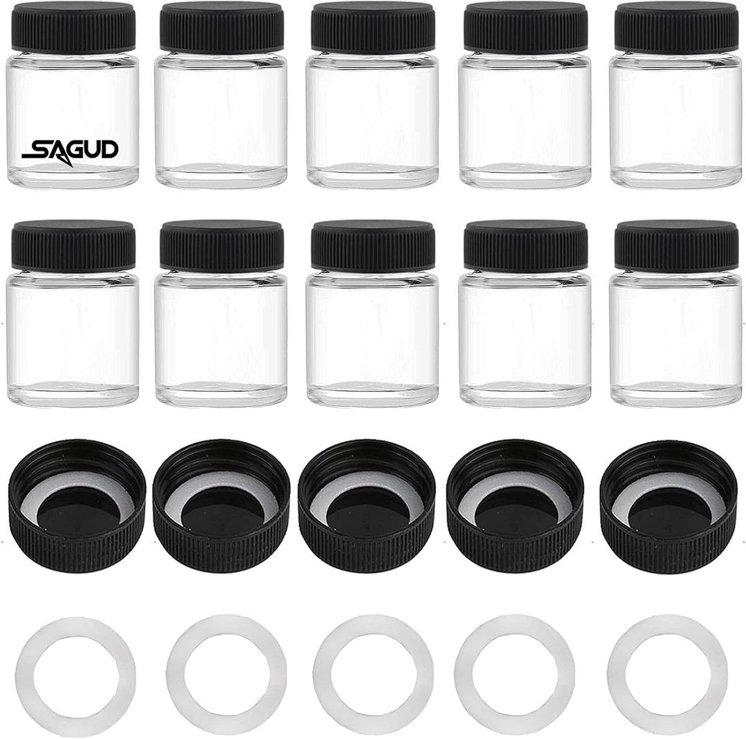 SAGUD 10pcs Airbrush Bottles 3/4oz 22cc with Plastic Lids Kit and Extra 5pcs Lids 5pcs O-Ring, Air brush Paint Storage Jars Store Pigments Color Inks (SD-01-10)