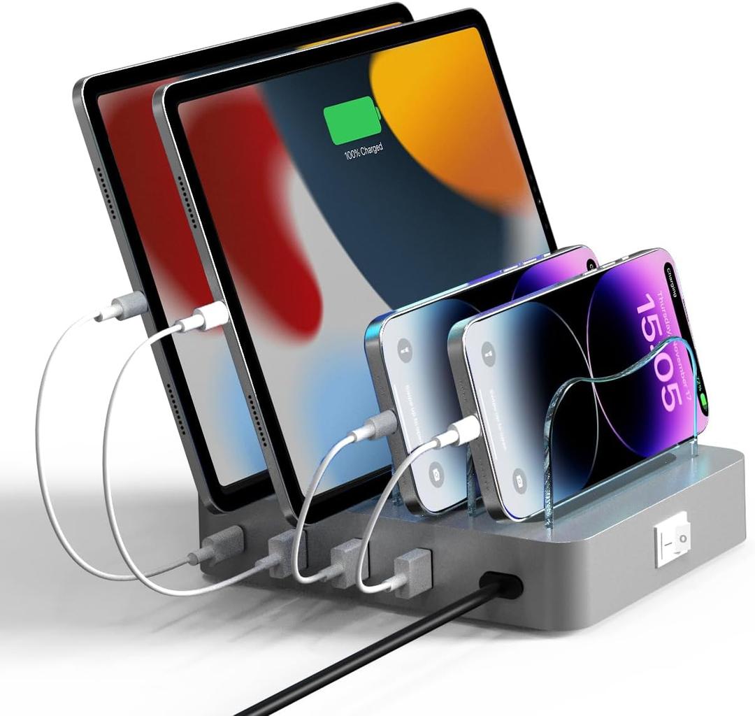 Charging Station for Multiple Devices - 4-Port 20W PD USB-C Fast Charger for iPhone iPad Smartphones Tablets Universal Compatibility, Detachable Baffle Design with LED Night Light (Silvery)