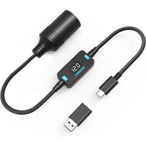 FARSENSE USB C to 12V Cigarette Lighter Adapter-USB C to 12V Adapter,Type C Male to 12V Cigarette Lighter Socket Female Cable(1FT) Supports Voltage Display for Dash Cam,GPS,Driving Recorder,Etc 1 Pack
