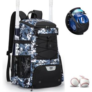 Baseball Bag for Youth and Adult, Softball Backpack 40L Large Capacity, Bat Backpack with Shoes Compartment and Hidden Helmet Holder (Blue Camo)