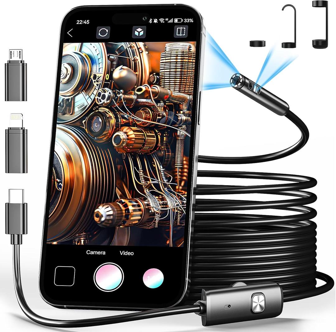 Dual Lens Endoscope Camera with Light Borescope Inspection Camera with 8+1 Adjustable LED Lights 1980P IP68 Waterproof with 16.5ft Semi Rigid Snake Camera for iPhone iPad Android Phone