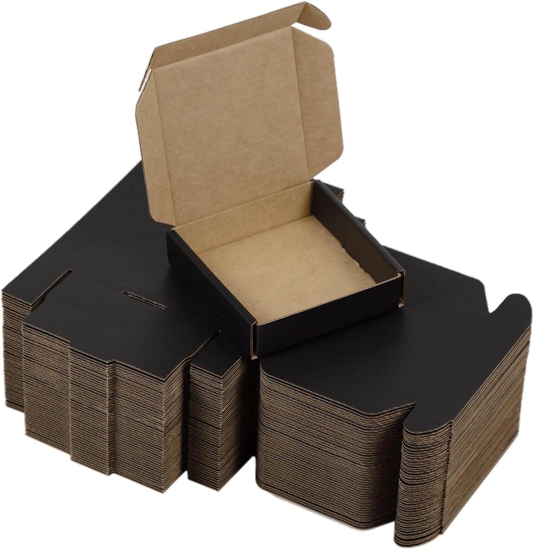 50 Pack 4x4x1 Inches Small Shipping Boxes, Black Corrugated Cardboard Boxes, Moving Mailing Packing Box