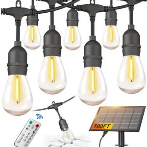 100FT Solar String Lights Outdoor Waterproof with Remote Control Solar Patio Lights 30+2 shatterproof LED E26 S14 Bulbs for Porch Garden Market Bistro Patio Backyard Fence