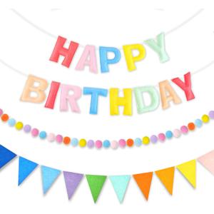 CANREVEL Pre-Strung 3D Happy Birthday Banner, 3 PCS Pastel Felt Garland, Pom Pom Garland, Triangle Fabric Bunting, Reusable Pastel Birthday Decorations for Women Girls