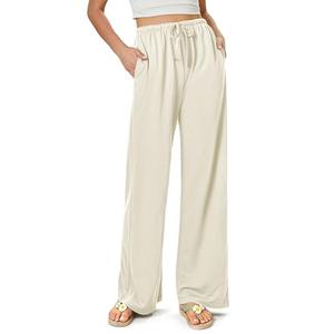 keriffe Summer Outfits Flowy Palazzo Pants for Women 2025 High Waisted Wide Leg Beach Casual Vacation Pants Trousers Pockets Apricot XXL