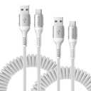 USB A to USB C Cable Fast Charging 66W, 2Pack 3FT Coiled Braided USBC Phone Charger Cables for Car, Short USB to USB Type C Cord for iPhone 17 16 15 Pro Max, Samsung Galaxy S24 S23 and More-Silver