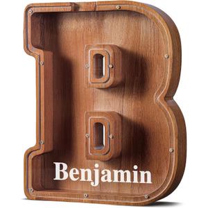 Summidate Customized Name Extra Large Wooden Piggy Bank for Kids Boys Girls Alphabets Letter A-Z Coins Bills Money Change Saving Box (Laser Engraved) Educational Toys 12"- Letter B