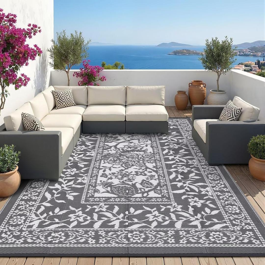 Garvee Outdoor Rug 8x10, Waterproof Reversible Foldable Plastic Straw Rug, Botanical cottagecore Outdoor Rugs Patio Camping RV Carpet for Deck Camper Porch Balcony Backyard Picnic Beach Grey