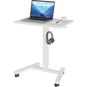 BONTEC Mobile Standing Desk Adjustable Height, Rolling Laptop Cart with Hook, Portable Workstation with Pneumatic Lift, Ergonomic Table with Wheels, Compact Home Office Desk, White 25.6" x 17.7"