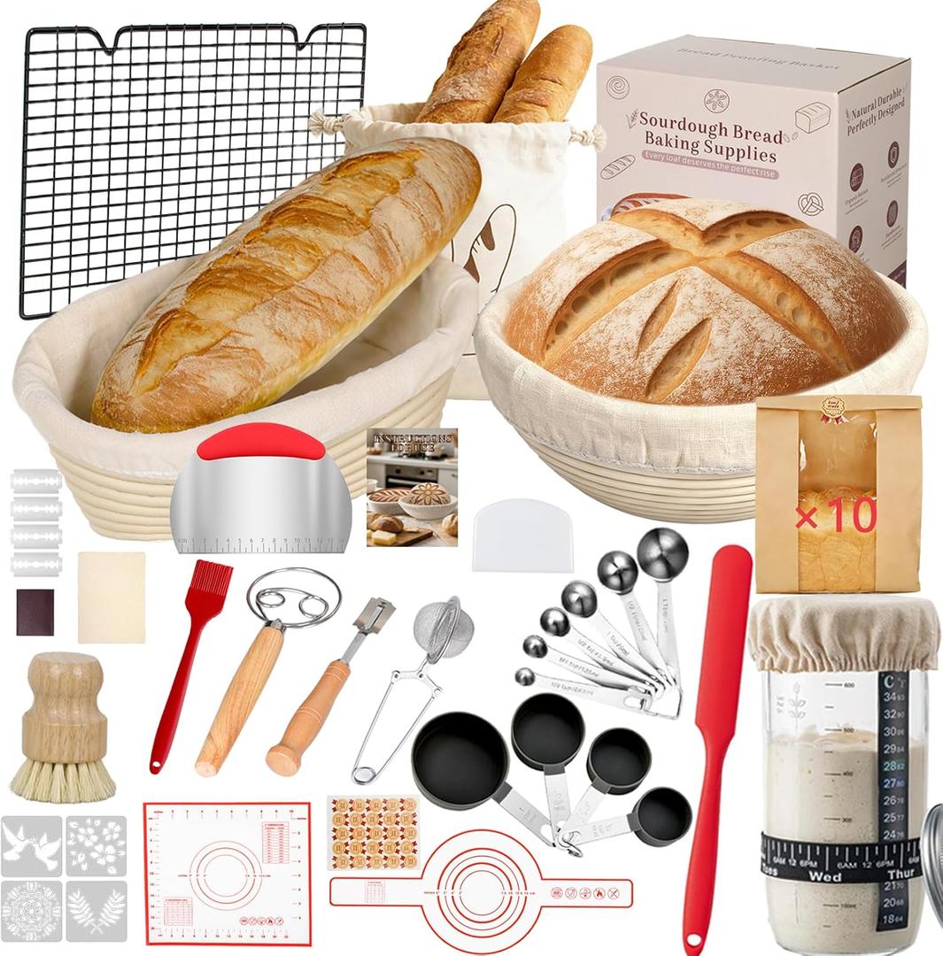 52 Pcs Sourdough Starter Kit, Sourdough Bread Baking Supplies with 9" Round & 10" Oval Banneton Bread Proofing Basket, Cooling Rack, Sour Dough Starter Jar, Bread Making Kit Gifts for Women Wife Mom