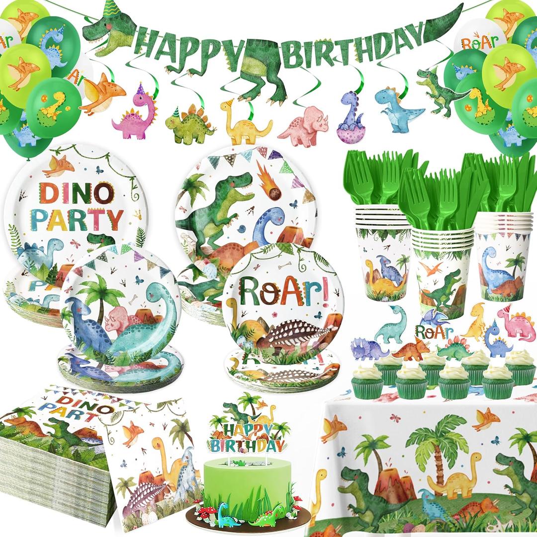 189 Pcs Dinosaur Birthday Party Supplies Set - Serves 24, Dino Decorations Kit with Banner, Balloons, Swirls, Cake Toppers, Tableware & Tablecloth (Rex)