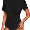 Milumia Women's Casual Ruched Mock Neck T Shirt Short Sleeve Tee Bodysuit Jumpsuit (Medium, Dark Black)