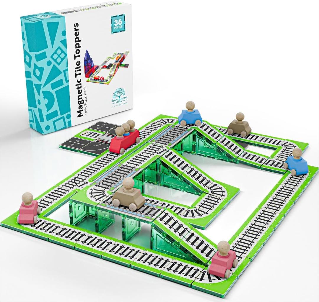 Learn & Grow Magnetic Tiles Train Tracks Expansion Pack - 36PCs Track Toppers Kit, STEM Learning & Building Toy - Magnetic Tile Accessories for Kids 3+, Toddler - Add Tracks to Any Magnet Tiles Set