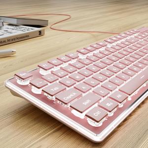 SEUNKWANG Wired Computer Keyboard with White Backlit, Aesthetic Full Size Wired Keyboard with Pudding Keycaps, Aluminum Alloy Metal Panel, Quiet Keyboard for Office Women, Work, PC-Pink